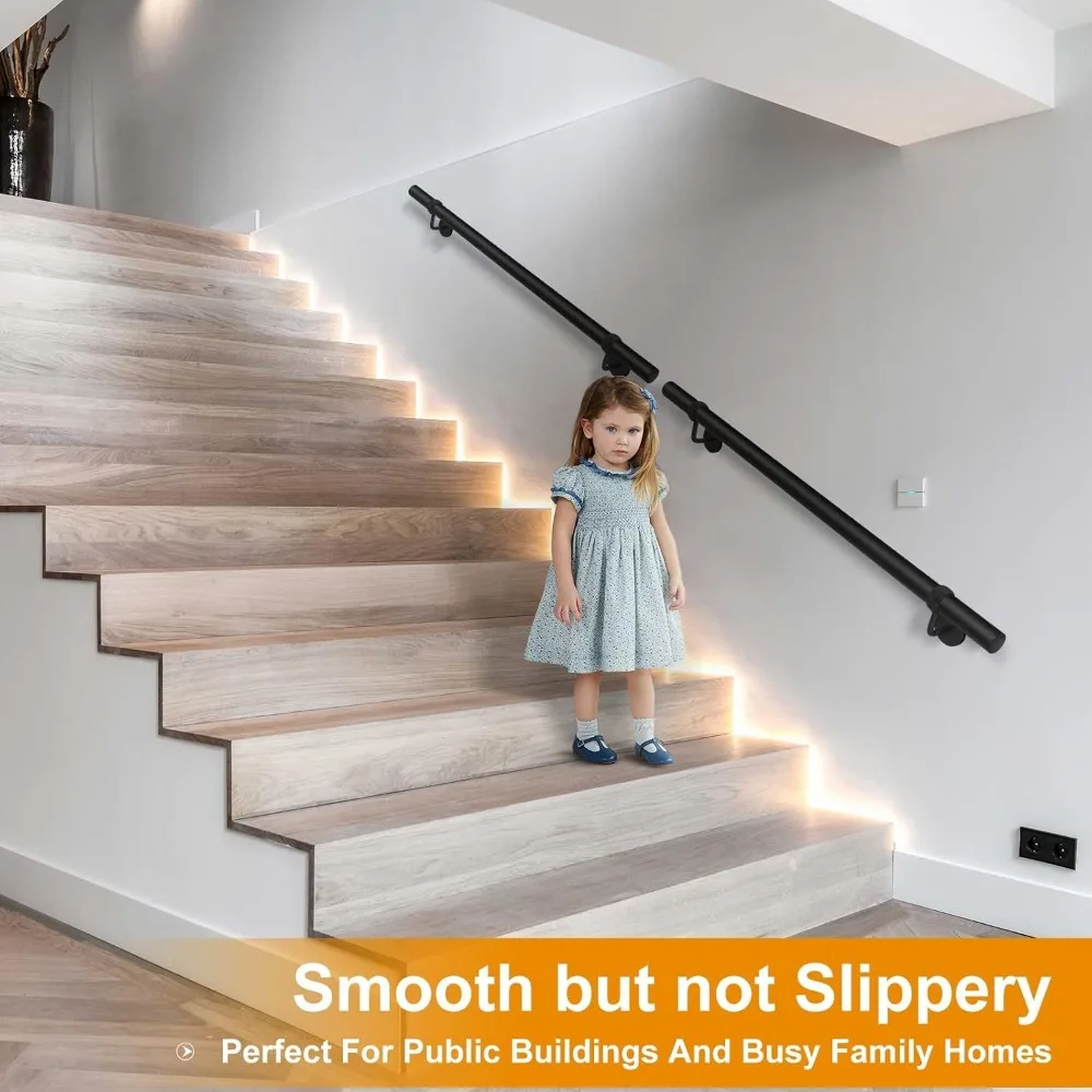 Rails d'escalier en métal, Rails à main en acier enduit de poudre noire de 3 pieds pour marches intérieures et extérieures, Rails de sécurité muraux