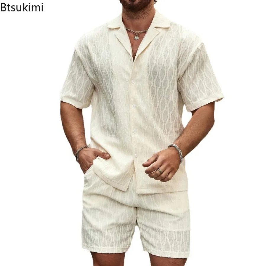 Survêtement Deux Pièces pour Homme, Chemise et Short Décontractés, Couleur Unie, avec Revers et lèvent, Tenue de Plage et de Vacances Assortie, Été 2024