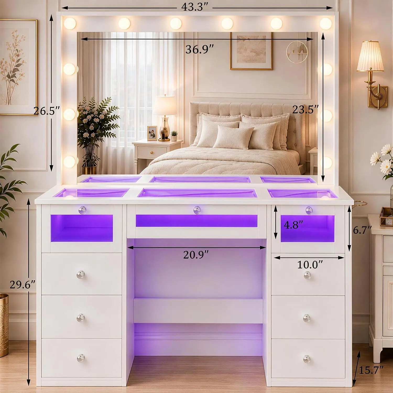 White Vanity Desk Lights Glass Top 36.9'' Mirror 9 Drawers RGB Bulbs Charging Station Magnifier Knobs Dryer Rack, Customized
