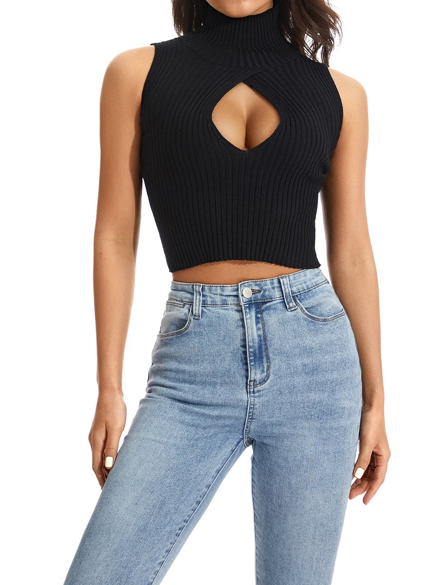 Mxiqqpltky Women Sleeveless Mock Neck Tank Tops Cutout Slim Fit Ribbed Knit Cami Shirts Sexy Solid Y2k Cropped Tops Clubwear