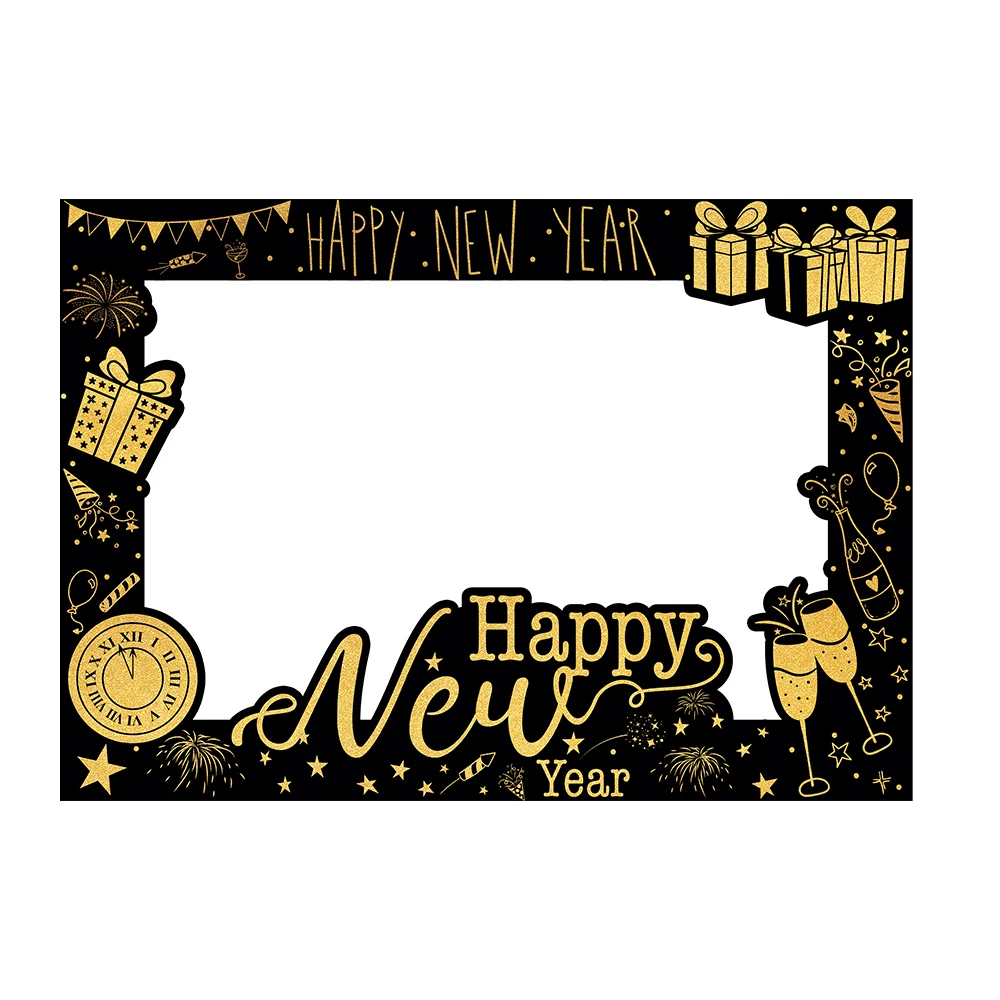 2025 Happy New Year Photo Booth Frame Black Gold Paper Photo Frame Props New Years Eve Party Decorations Supplies Navidad Natal