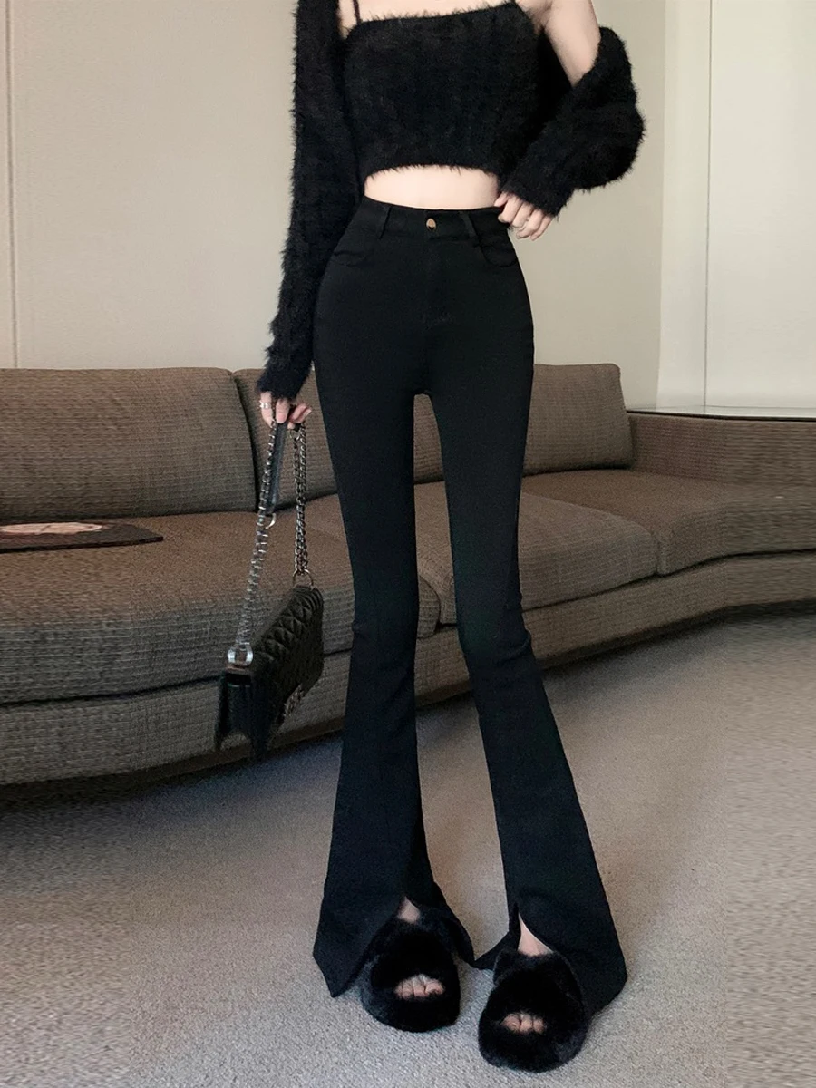 Slimming High Waist Thickened Fleece Straight Leg Pants Sexy Elastic Slit Micro Flared Long Trousers Versatile Casual Pants
