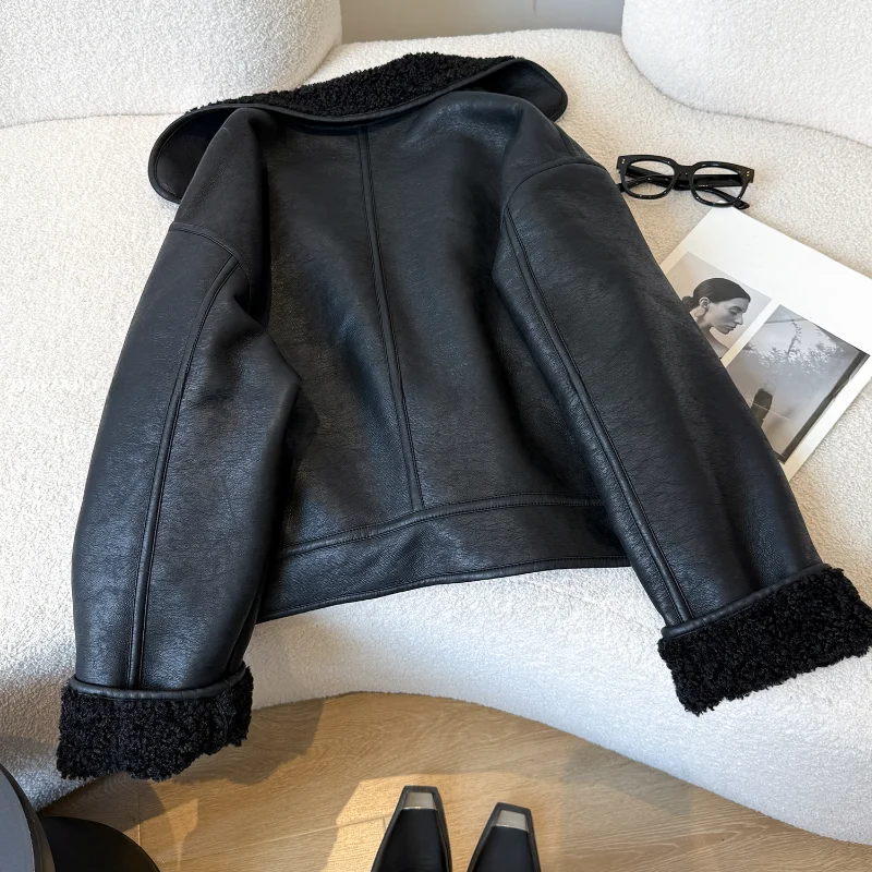 Giacca in Pelle Bla con Pelliccia per Donna, Stile Invernale Coreano, Abbigliamento da Moto, Top Premium per Signore