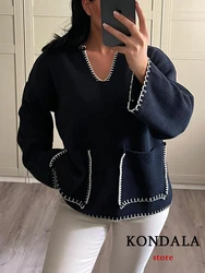 KONDALA TRAF Casual Quilt Black Knitted Oversized Sweater Women Autumn Winter V Neck Pockets Pullovers Fashion 2023 Luxury Tops