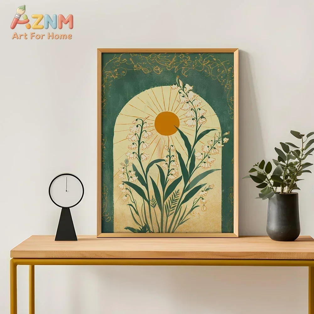 AZNM Retro Lily of the Valley Sun Canvas Wall Art, Boho Botanical Floral Vintage Illustration Print, Unframed Canvas Painting fo