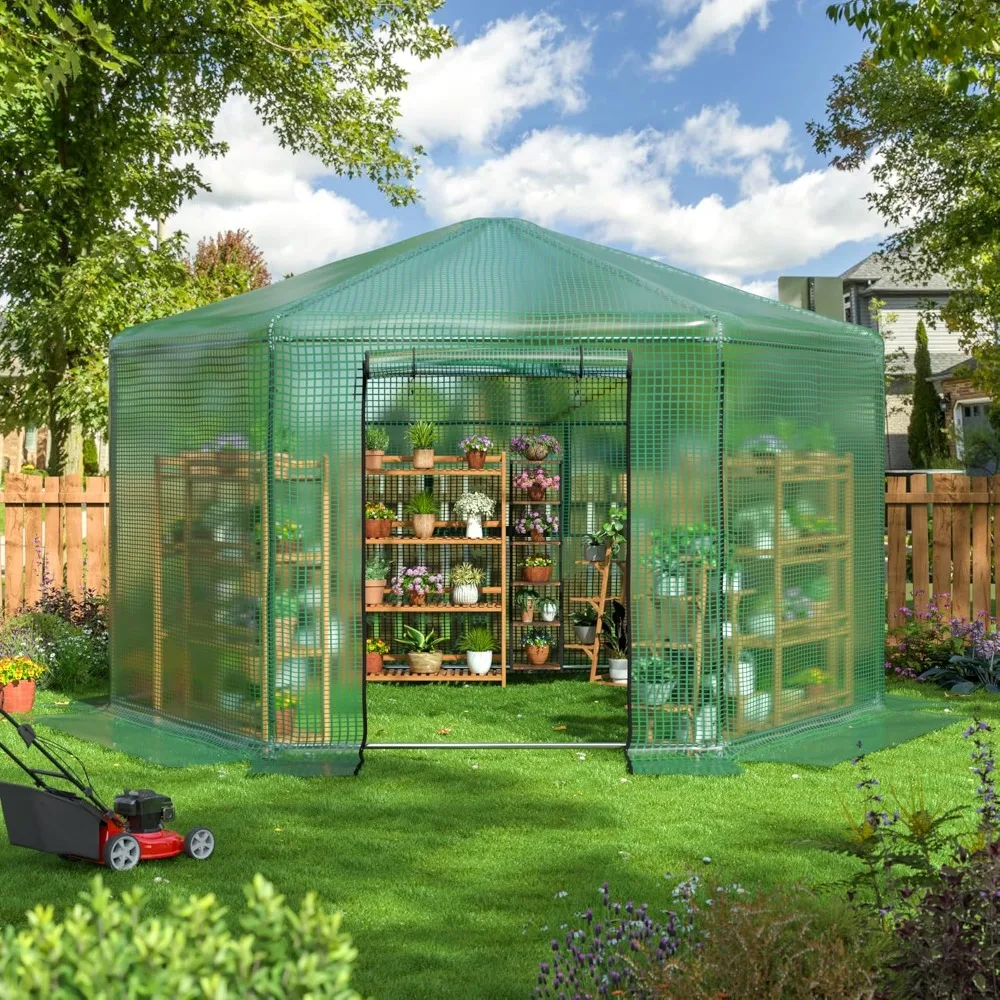 13.4x13.4x8.8 FT Walk-in Greenhouse, Heavy-Duty Metal Frame Greenhouse,180g Double Layer PE Cover