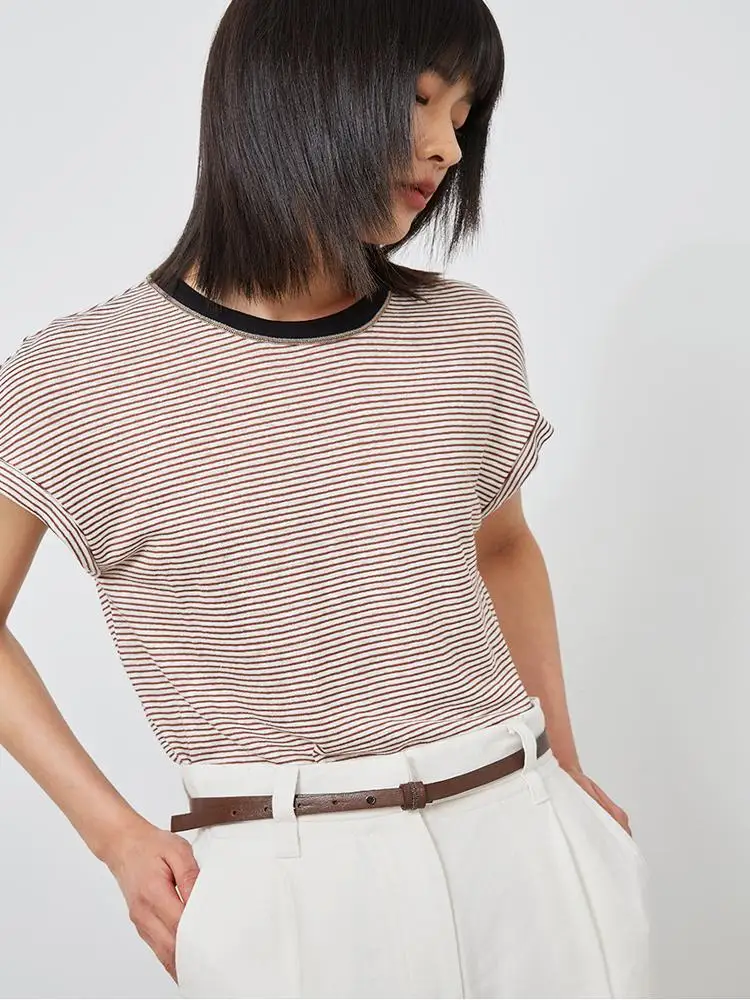 

Легкая женская сумка-шоппер из льна и хлопка с эффектом ледяного прикосновения, круглая, в полоску, с декором в виде цепочки...