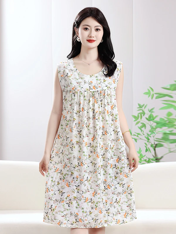 

Summer Thin Cotton Silk Sp Dr 2025 Svel Loose Dr Artificial Cotton plus Size Mom Nightgown Home Clothes Skirt