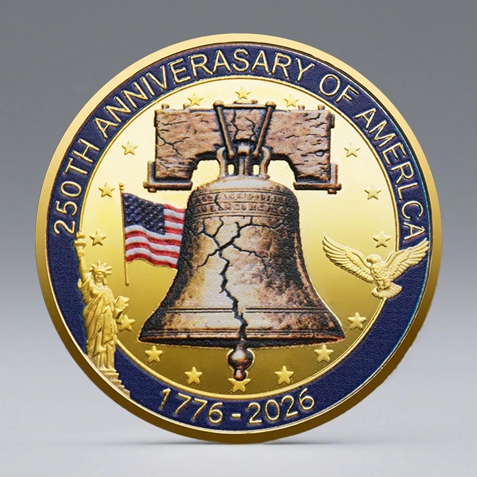 Moneda Conmemorativa del 250 Aniversario de la Independencia de Estados Unidos, Chapada en Oro, Colección 1776-2026, con Campana y Águila Americanas