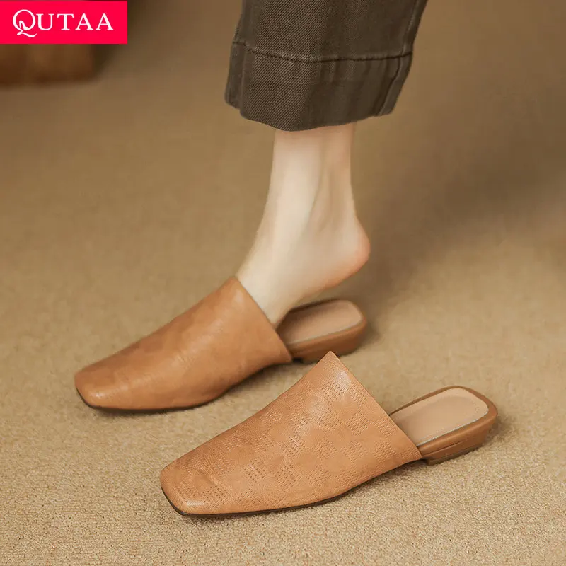 

QUTAA 2026 Fashion Mules Women Flats Shoes News Round Toe Cow Leather Casual Slingback Chunky Slippers Office Shoes Dress 34-43