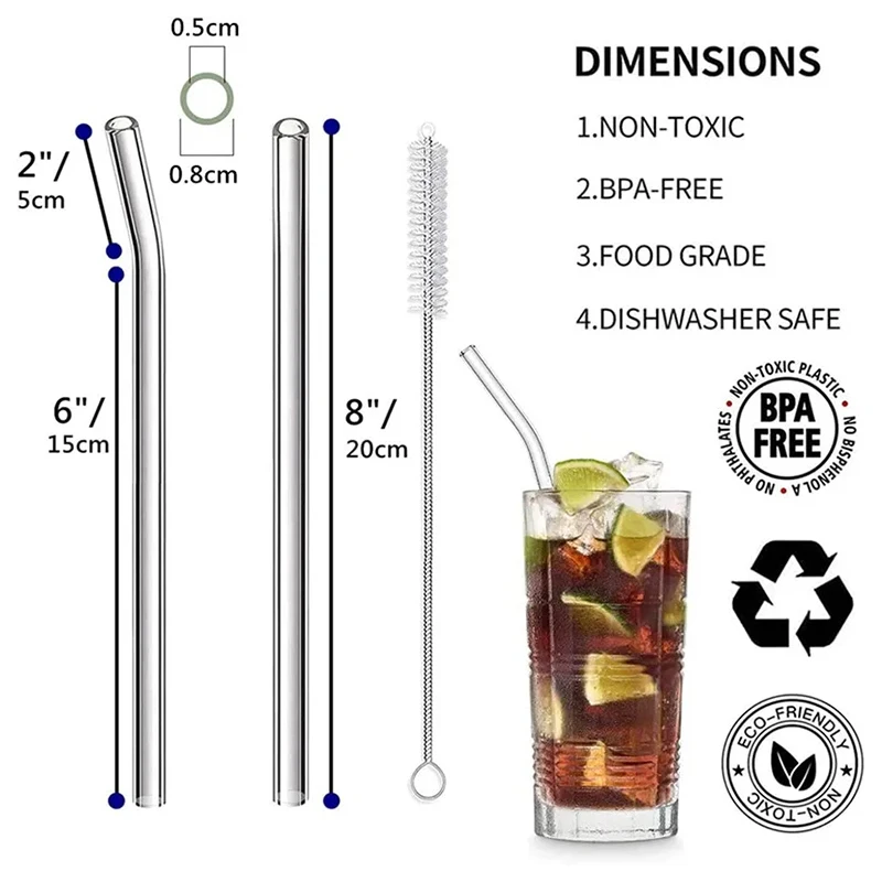 Reusable Glass Straws Multi-color Drinking Straw for Smoothie Milkshakes Tea Juice Cocktail Straight Bent Straw with Brush