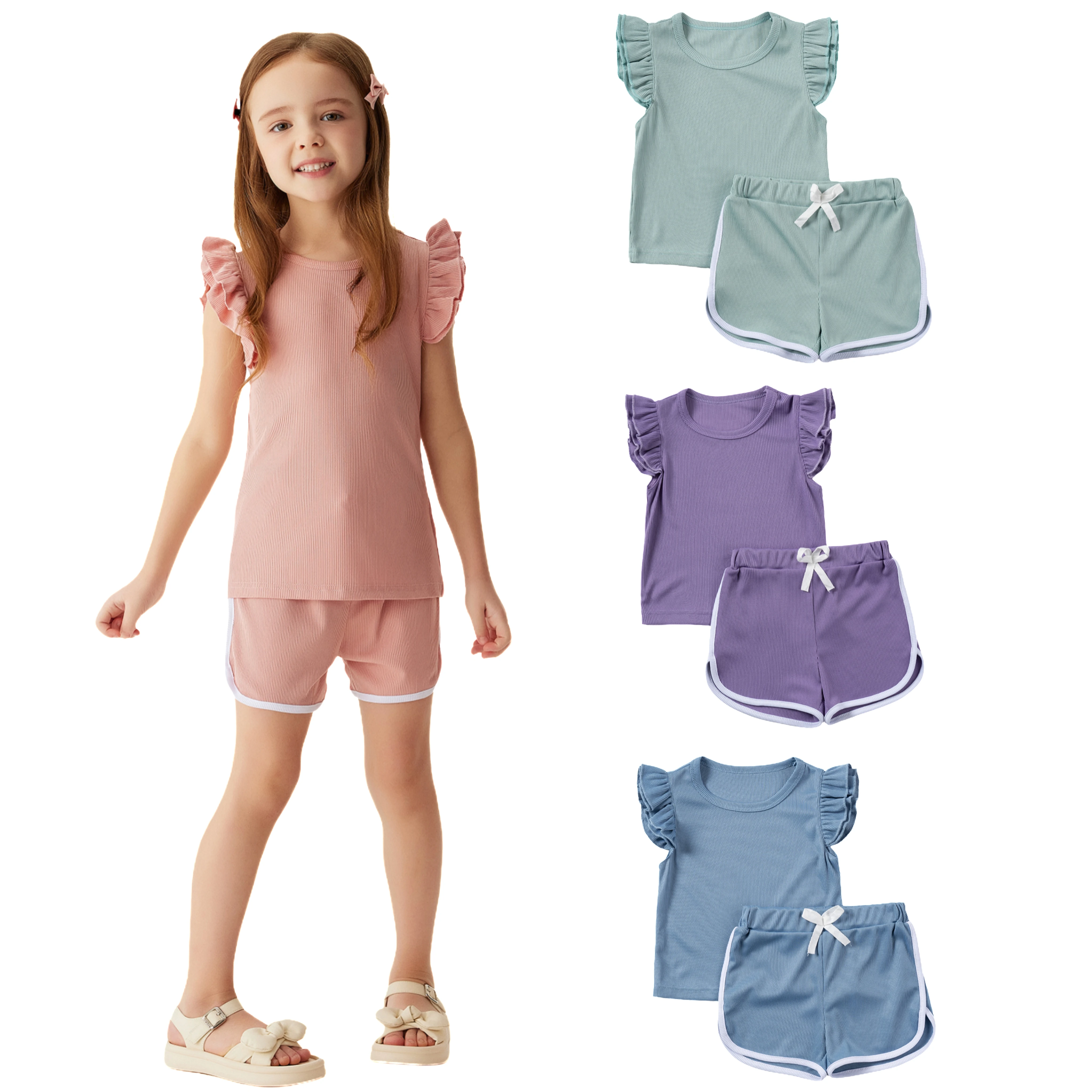 2024 Summer Shorts T-shirt Set with Ruffle Edge Two piece Cute Children's Set Comfortable Polyester Casual Wear