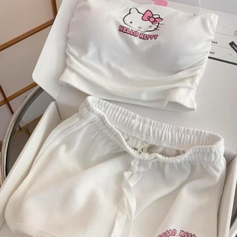 

Комплект из топа и шорт Sanrio Hello Kitty для женщин, домашняя одежда для сна, дышащий комплект для отдыха, повседневная одежда для сна и брюки, весна-осень
