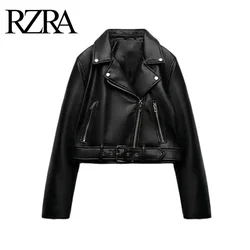 RZRA giacca in similpelle cappotto corto 2024 autunno nuovo stile moto da donna con cintura giacca corta versatile alla moda