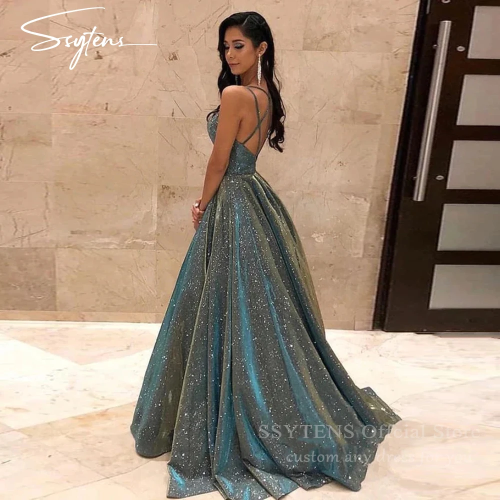 

SSYTENS Shiny Green A Line Prom Dresses Long Spaghetti Straps Floor Length Evening Gowns Glitter Special Occasion Party Dress