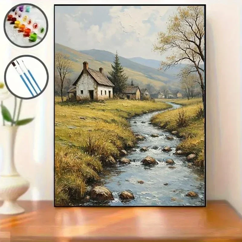 Professional art use 2D Peaceful Idyllic Countryside Landscape Paint by Numbers for Adults, Polyester Material Paint by Numbers
