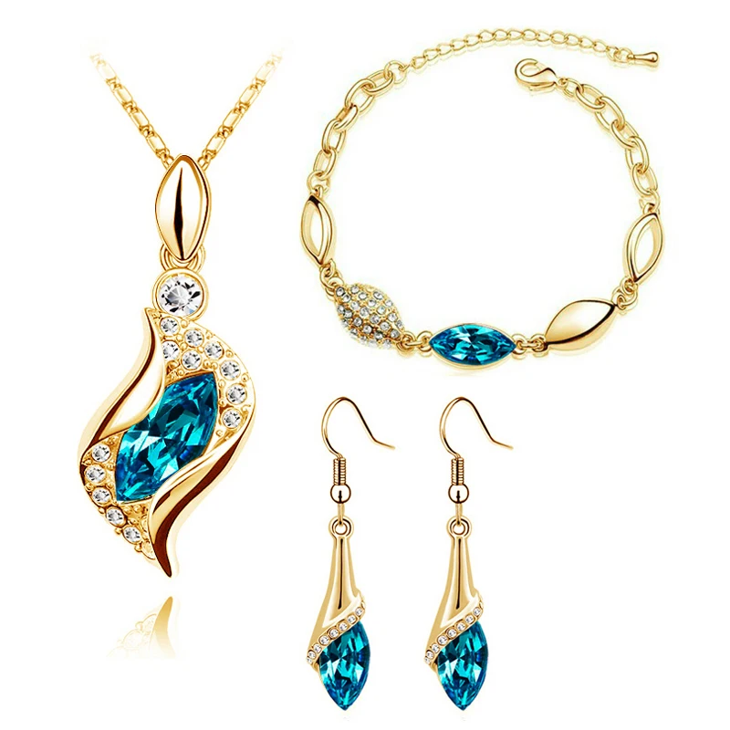 

Fashion Crystal Gold Color Bridal Jewelry Sets New Blue Horse Eye Necklace Earring Bracelet Women Rhinestones Accessories Gift