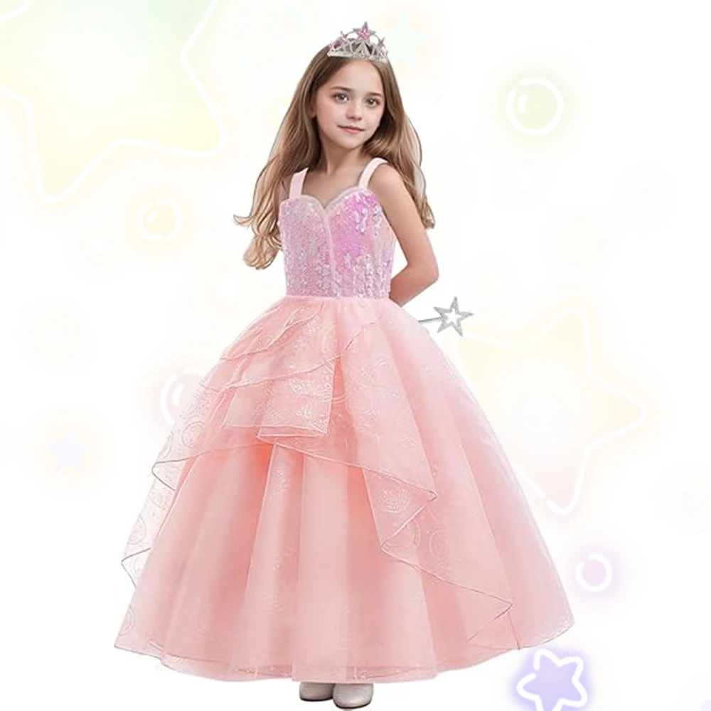 Princess Girls Sequin Dress +Star Crown +fairy wand Sleeveless Clothes Children Mesh WIcked Summer Gown for Wedding Flower Girl