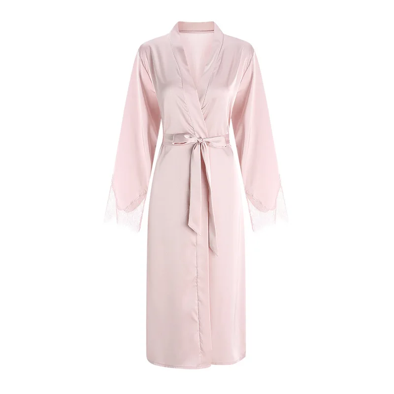 

Long Open Belt Silky Satin Cuffs Lace Loose Comfortable Bathrobe Nightgown Loungewear Cw91749