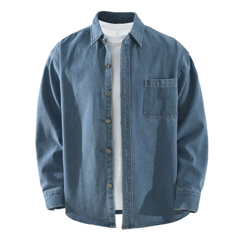 

Korean Style Vintage Blue Denim Shirt Men Dropped Shoulder Jean Shirts Lapel Pocket 94% Cotton Cowboy Tops Casual Button Jacket
