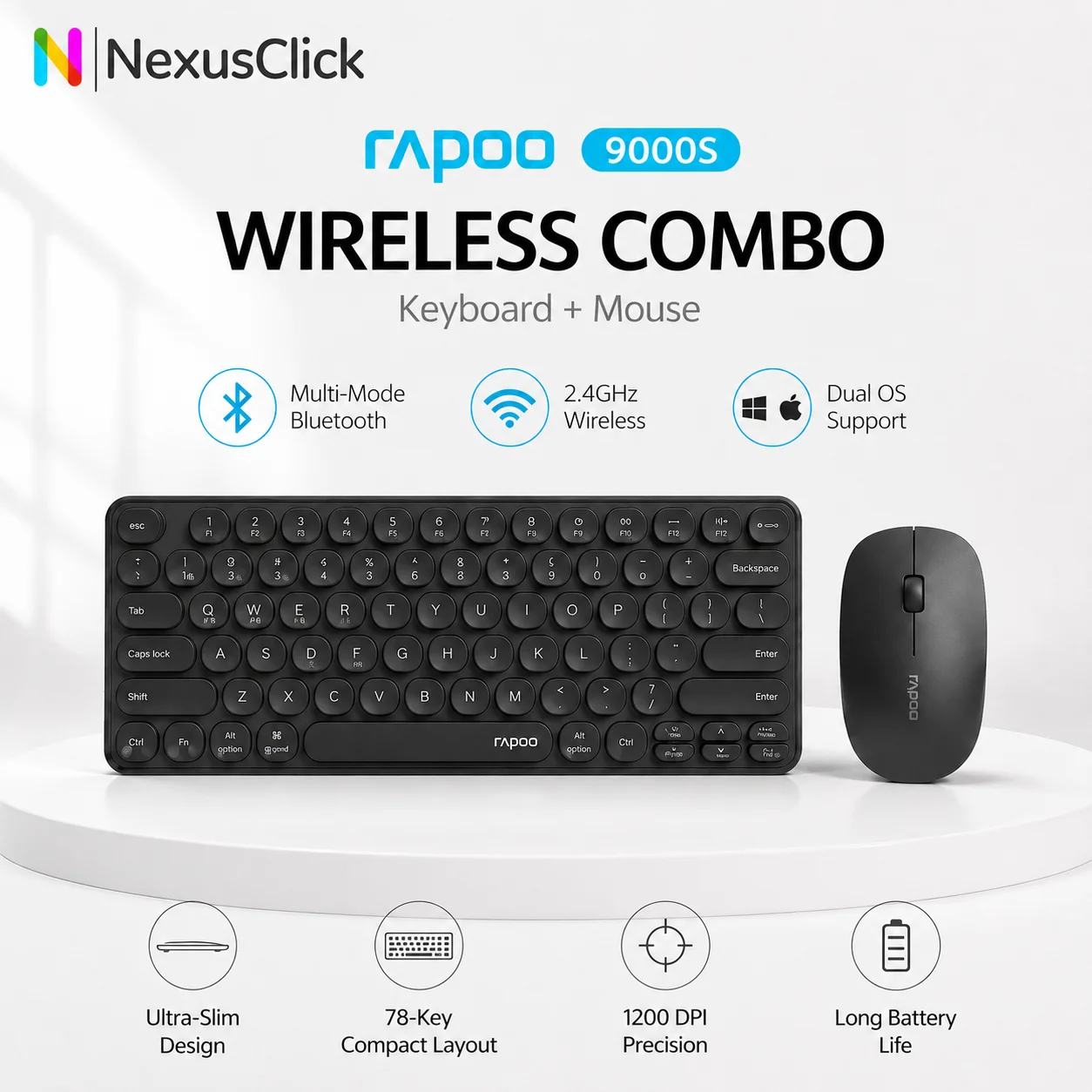 78-Key Slim Dual-Mode Wireless Keyboard and Mouse Combo Bluetooth 2.4G Compact Ergonomic Silent Office Set For PC MultiDevice
