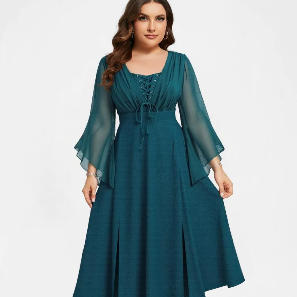 

Customized Lace Up Ruched Mesh Flare Sleeves Textured Split Dress Women Daily Holiday Casual Dress Wedding Party Dresses ﻿