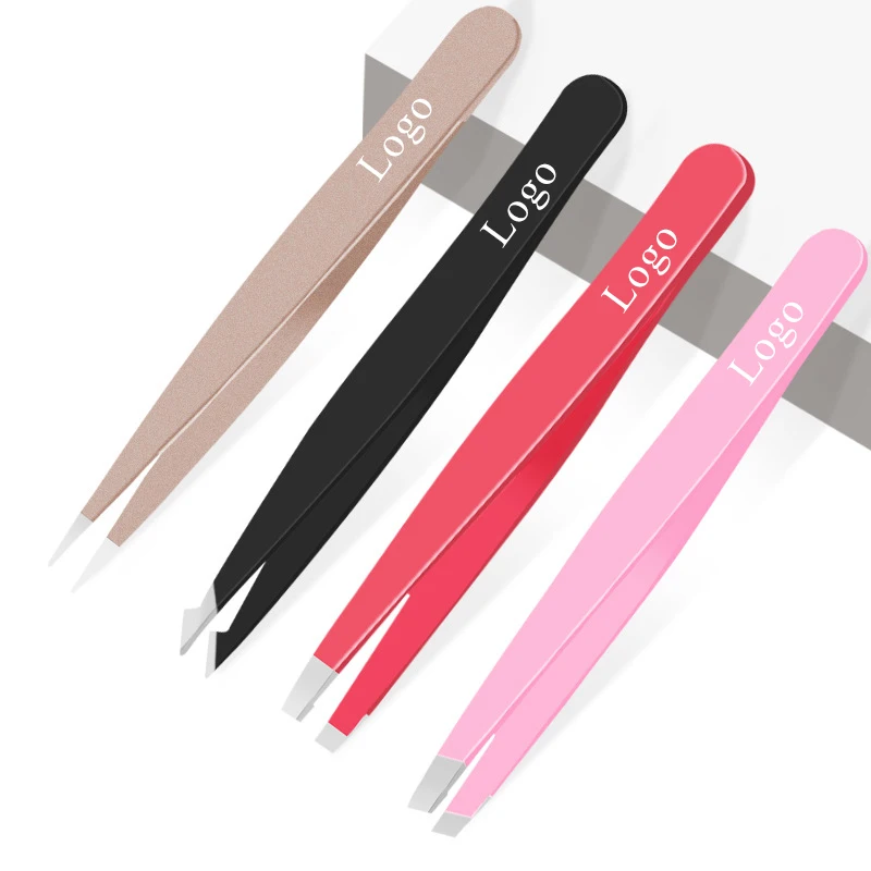 

20pcs Custom Logo Stainless Steel Anti-static Brow Tweezers Black Pink Gold Slanted Hair Removal Eyebrow Tweezers Private Label