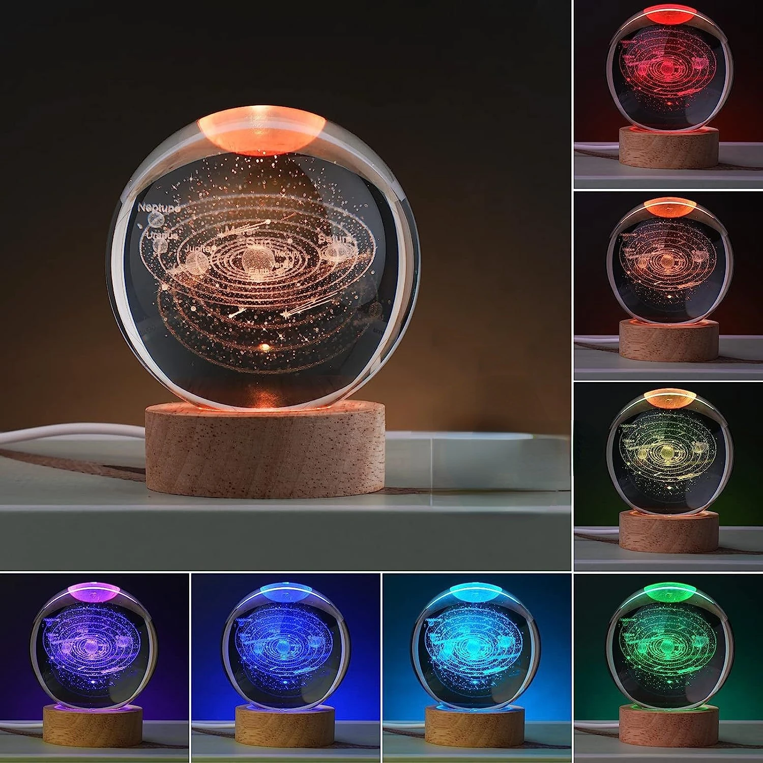 3D Milky Way Luna Laser Engraved Crystal Ball Coloured Night Light Ornament With Wooden Base Christmas Birthday Gifts Decoration