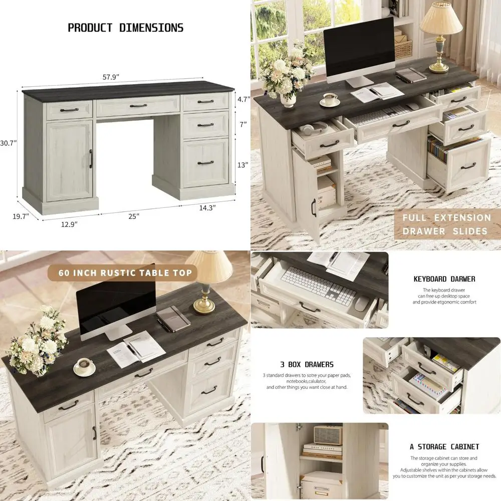 

Large 58 Executive Desk with Drawers, Home Office Desk with File Drawer and Storage Cabinet, Rustic Style for Computer, Work, St