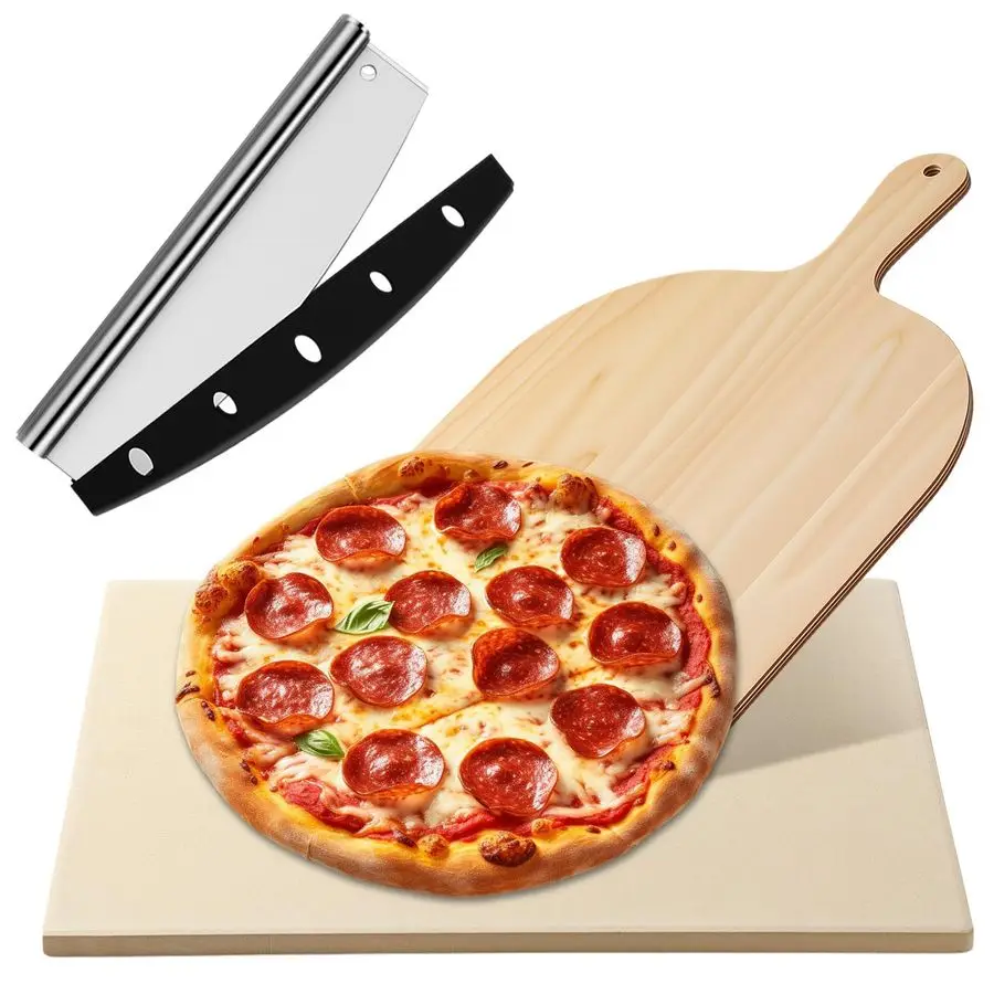 

Stones 3 Pcs Set 15 x 12 Inch Large Rectangle Cordierite Stone Set for Oven and Grill with Pizza Peel, Stainless Steel Cutter Ro