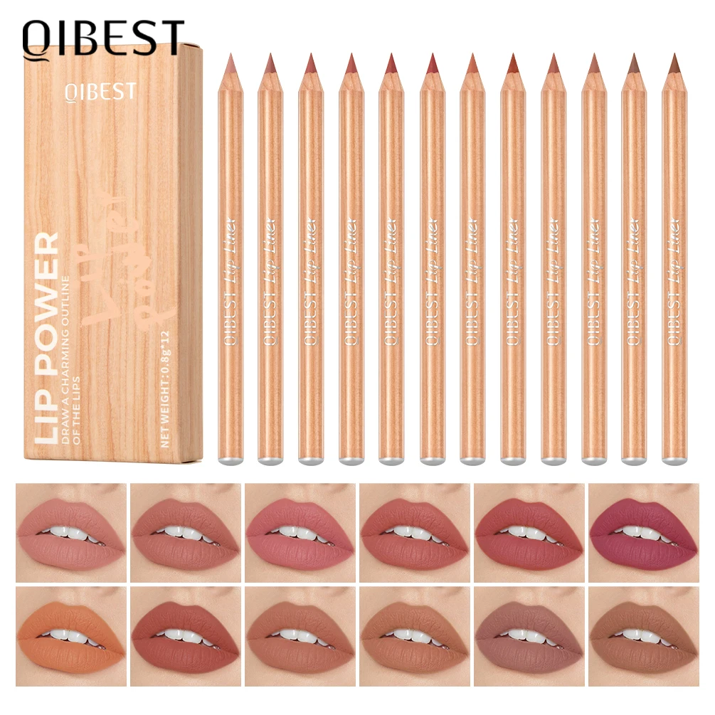 QIBEST 12Pcs/Set Matte Lip Liner Pencil Lip Outline Contouring Lasting Lipstick High Pigment Not Easy Fade Velvet Fine Lipliner