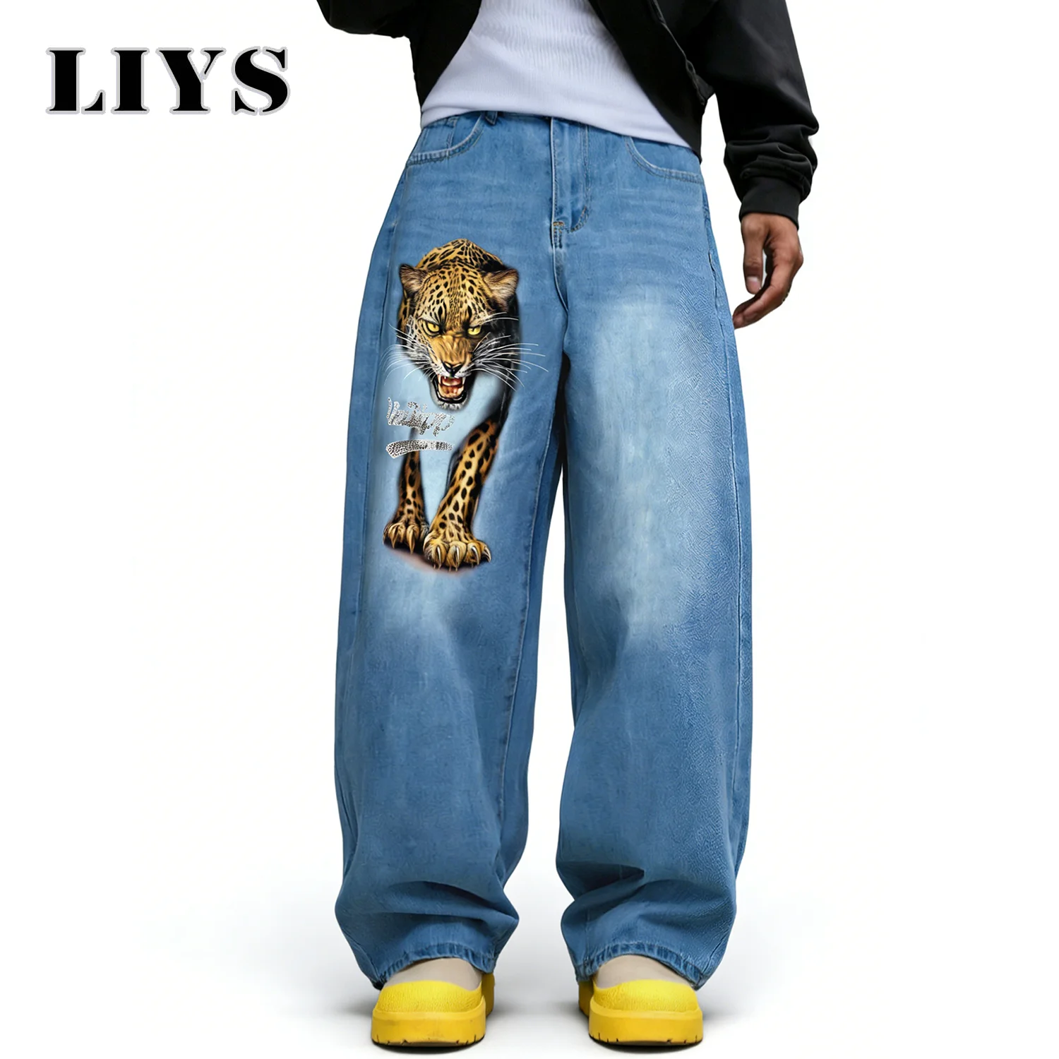 

LIYS American Retro Men's Leopard Print Ultra Baggy Wide Leg Jeans Youth Fashion Blue Street Denim Pants Unisex Mopping Pants