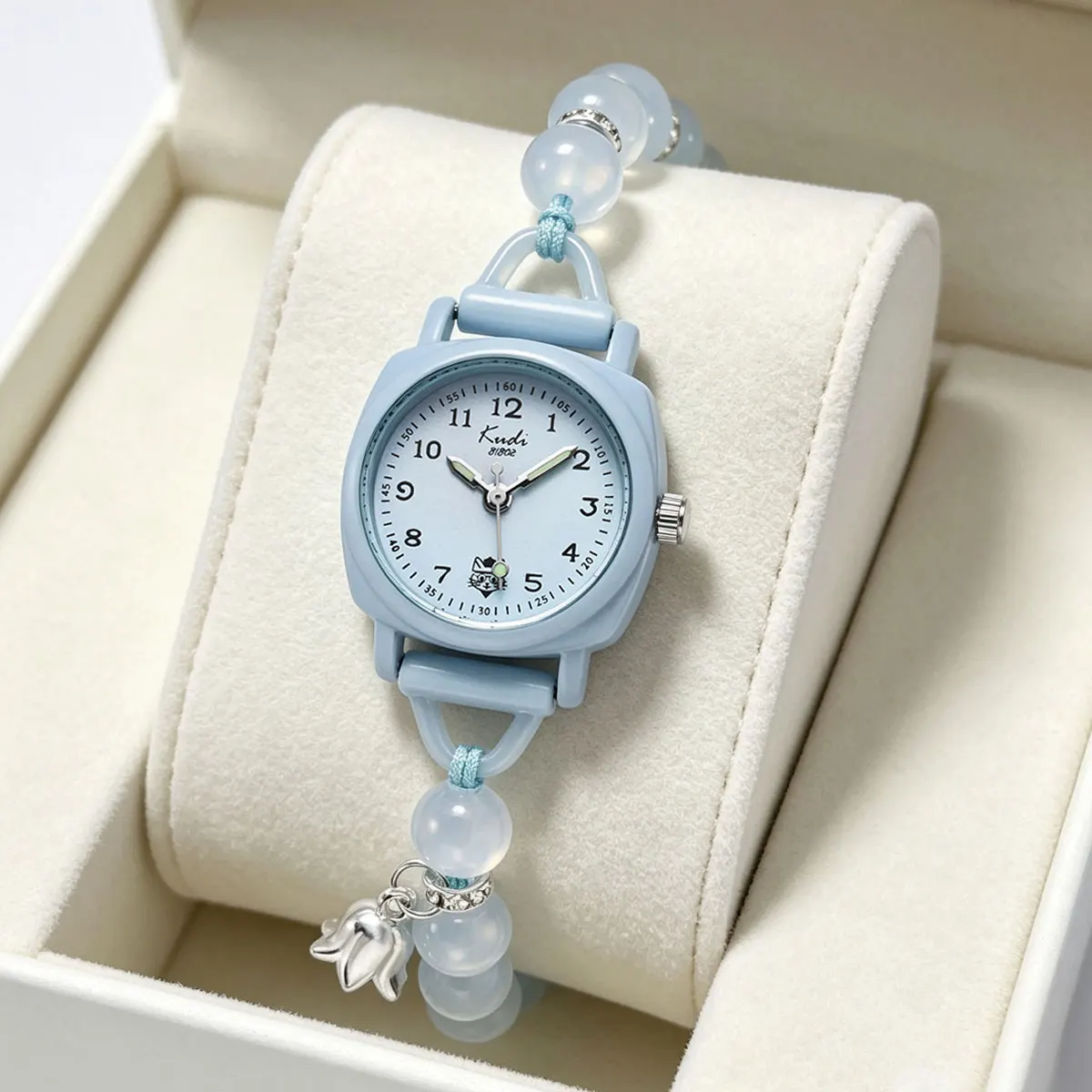Trendy DIY Fashion Women's Quartz Watch Beaded Bracelet Set Korean Style Bell Pendant 2-Piece Jewelry Combo