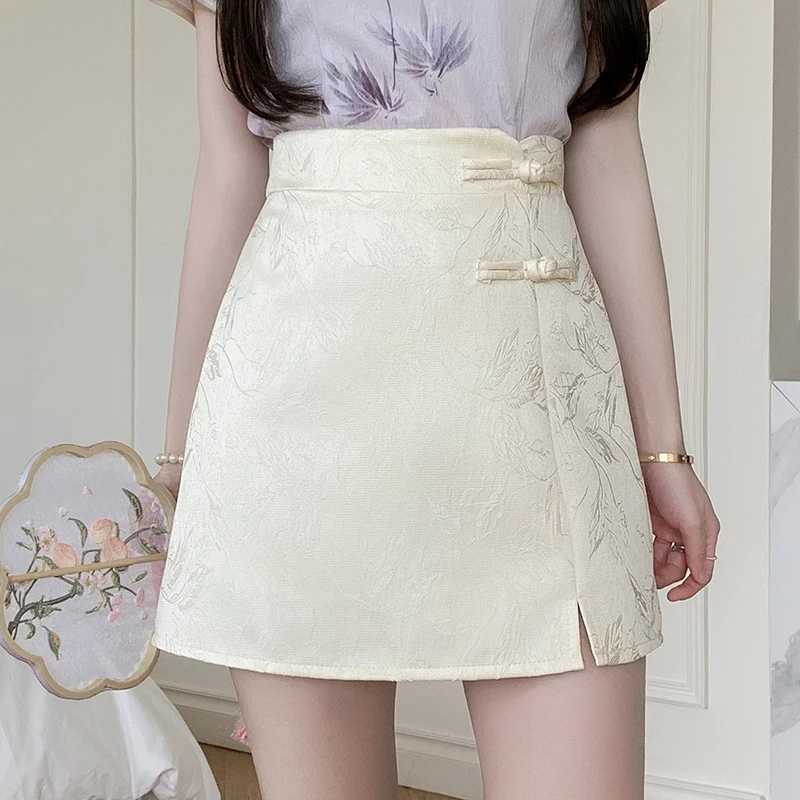 

New 2024 Summer Chinese Sle High Waist ort A-Line Skirt with k Pattern Print Versatile Faionable f-length Skirt
