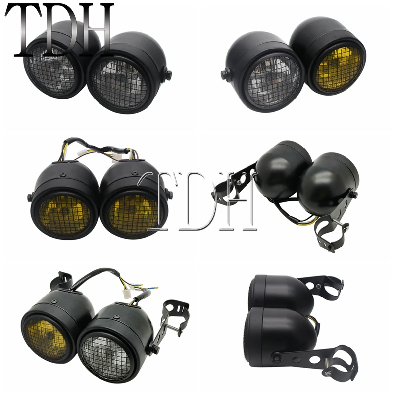 Motorcycle Twin Front Headlight Lamp W/ Bracket Mesh Grill Dual Cafe Racer Head Lights For Harley Cafe Racer Honda Yamaha