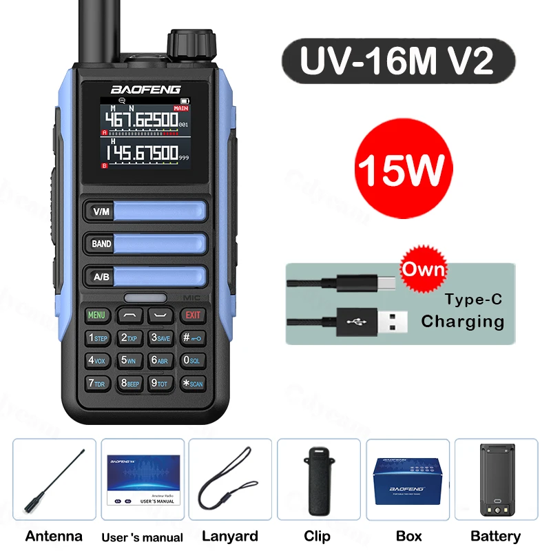 Upgrade Baofeng UV16M V2 Walkie Talkie 15W Hoge capaciteit AM FM 2-weg radio Volledige band LCD 999CH Frequentie Kopie NOAA Ruisonderdrukking