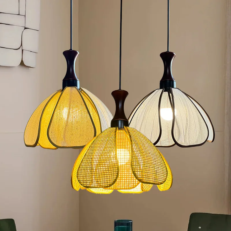 

Japanese Wabi Sabi Pendant Light Handmade Woven Rattan Flower Fabric Cloth Hanging Lamp Living Room Restaurant Chandelier
