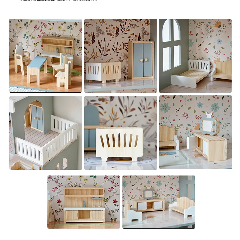 Wooden Nordic Wind Simulation Light Three-story Villa Simulation Play House Princess House Set Toy