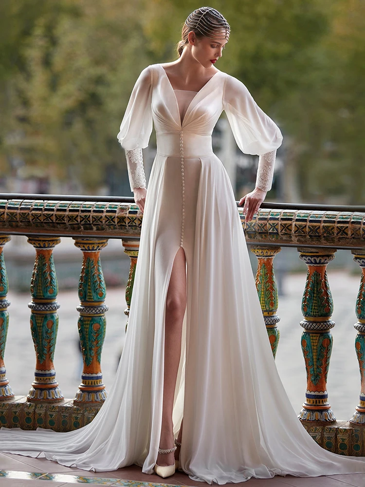 

BOHO Wedding Dress Puff Sleeves V Neck A Line Chiffon Elegant Wedding Gowns for Women 2025 Bride Lace Buttons White Bridal Dress