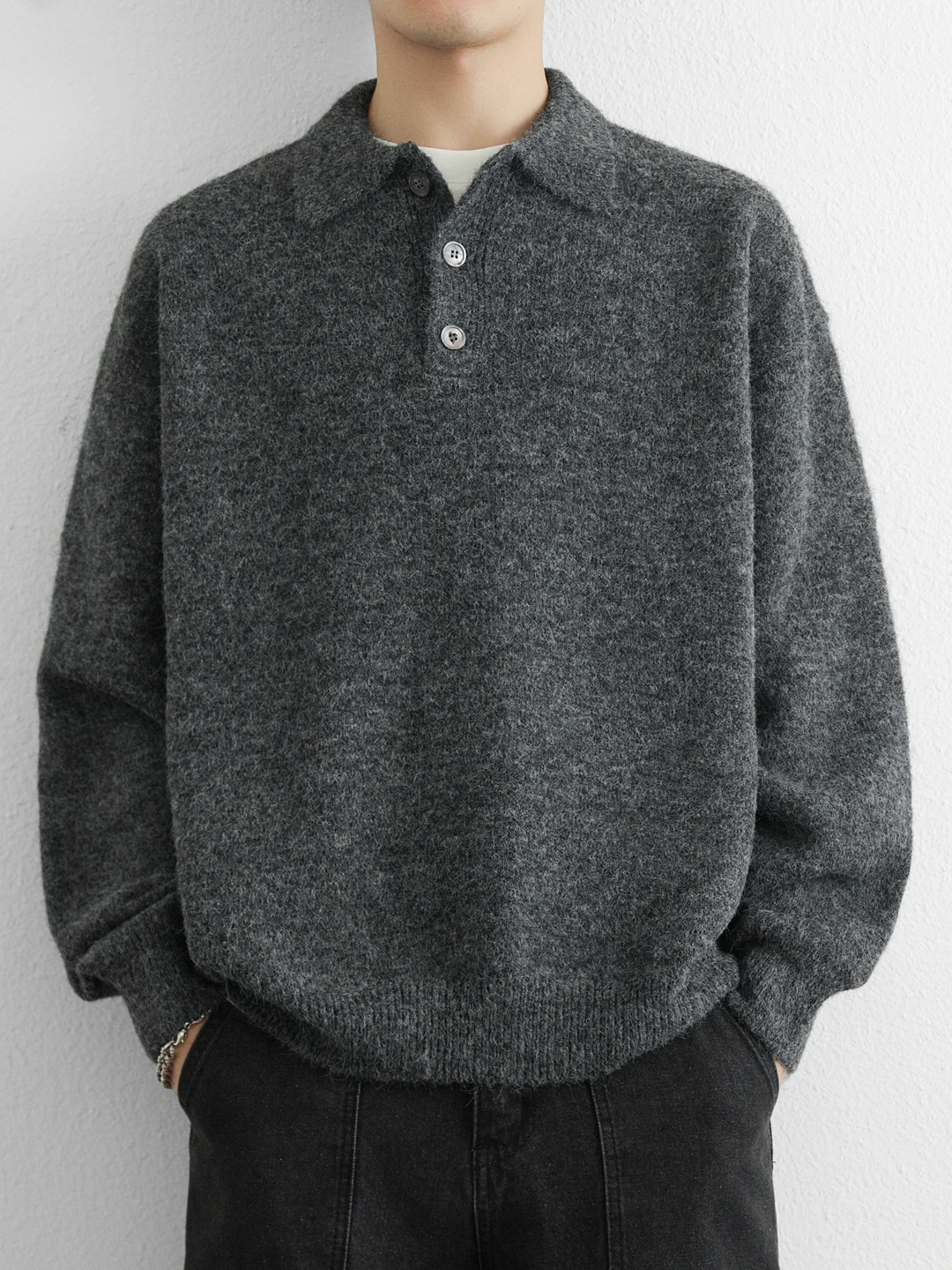 Autumn and Winter Men's American Style Loose Casual Polo Collar Warm Dark Gray Brown Green Turn-Down Collar Knit Sweater