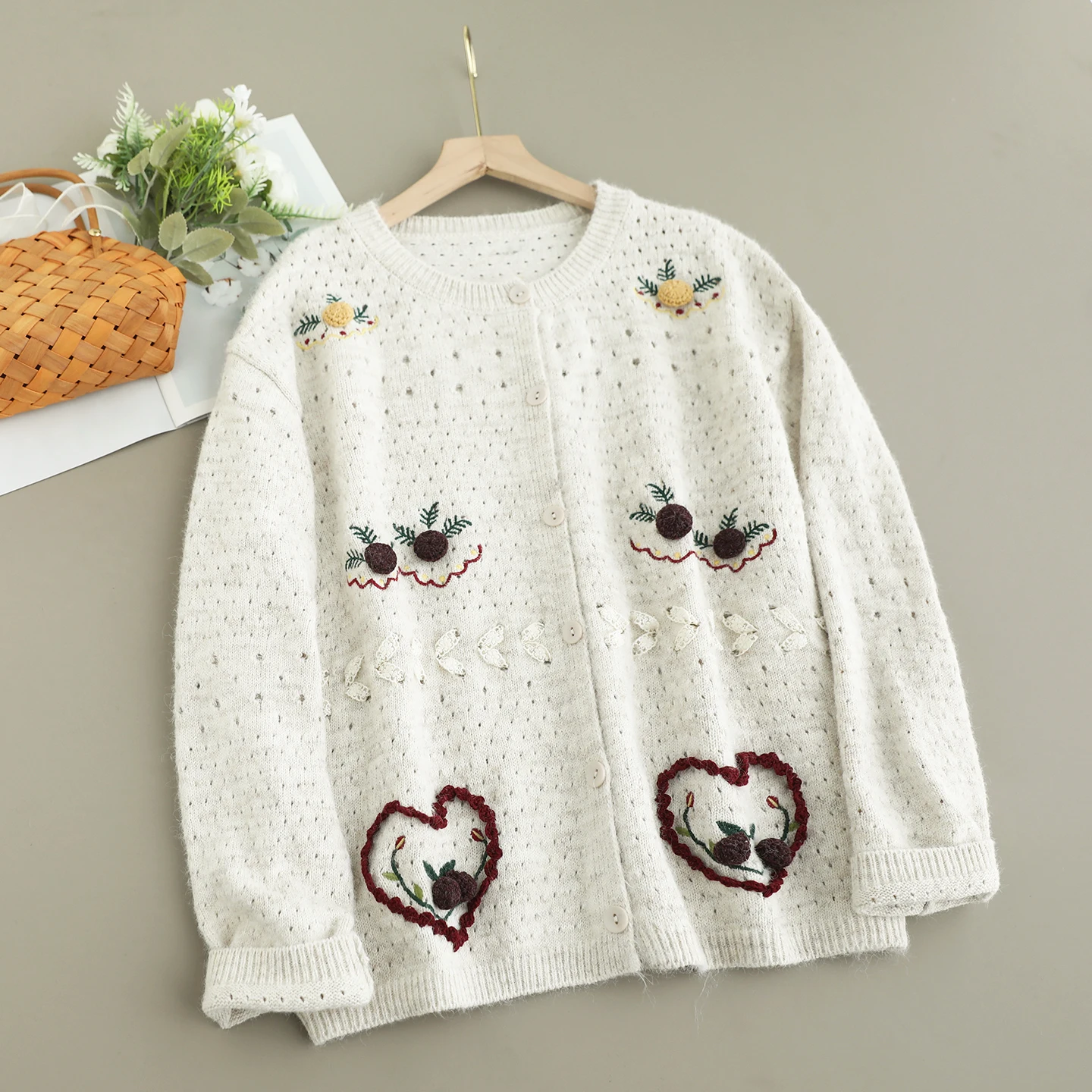 Japonais doux Mori fille 3D coeur cerise Appliques broderie tricoté pull Cardigan femmes automne col rond à manches longues vêtements d'extérieur