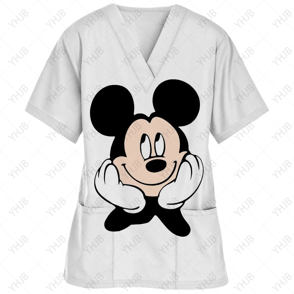 Disney Womens Nurse Style Scrub Tops Summer Mickey Mouse Cartoon Print Short Sleeve Uniform V Neck Summer Casual Tees