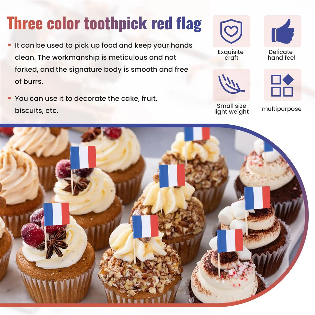 Lot of 50 Pcs Mini Wooden Toothpick with Flag for Decor of Party Fruit Pastry - France (Blue, White, Red) HGC