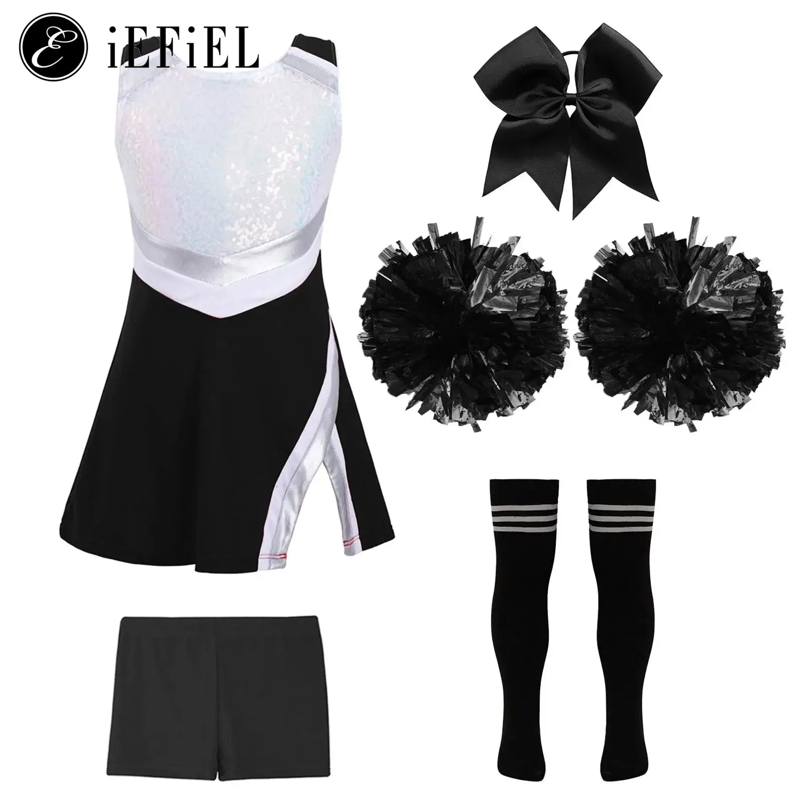 Kids Girls Cheerleader Costume Sequins Hip Hop Jazz Dance Performance Outfit Halloween Cheerleading Sports Uniform Dress Up