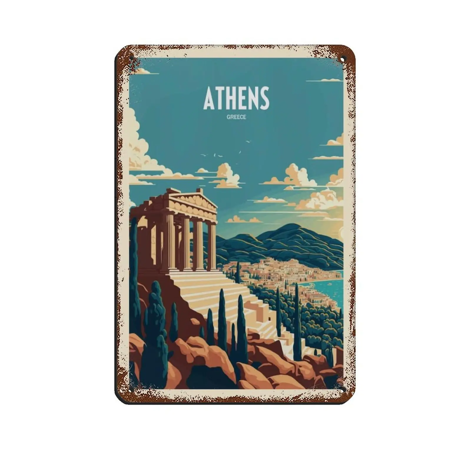 HOUJW Athens Greece Skyline Travel Poster Tin Sign Vintage Metal Pub Club Cafe Bar Home Wall Art Decoration Poster Retro Style(2