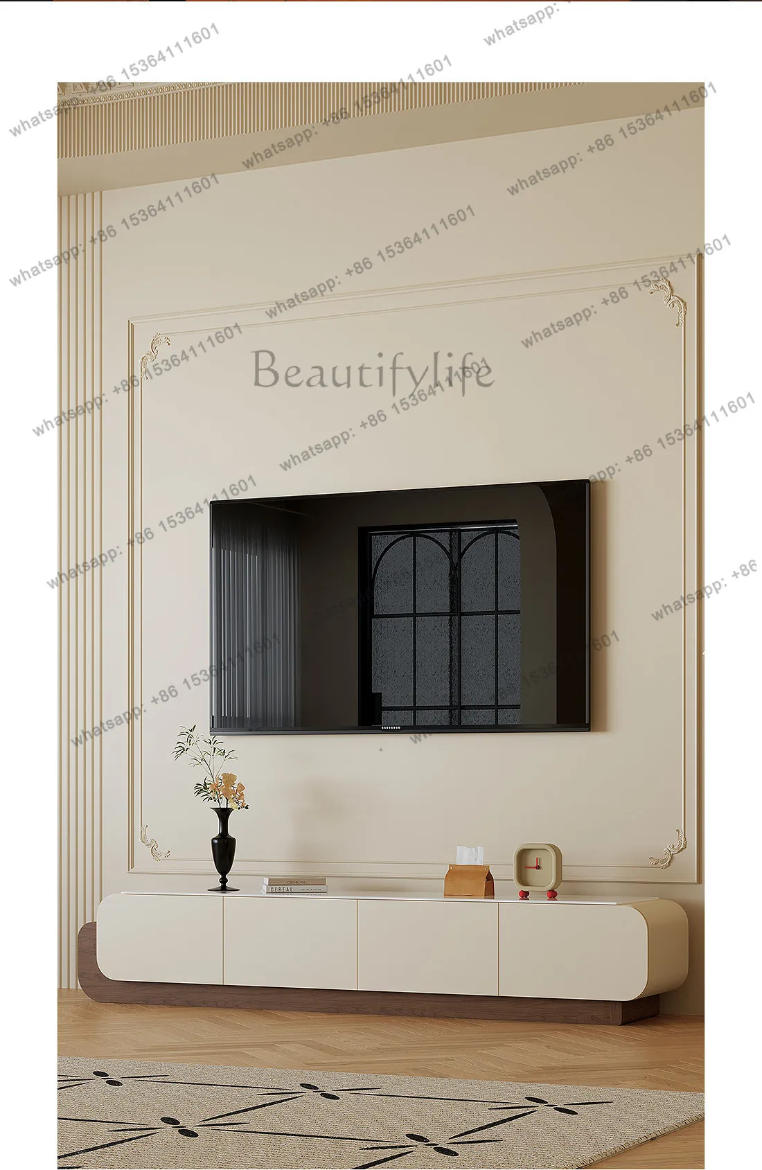 French retro small apartment white TV cabinet retractable microcrystalline stone living room floor type