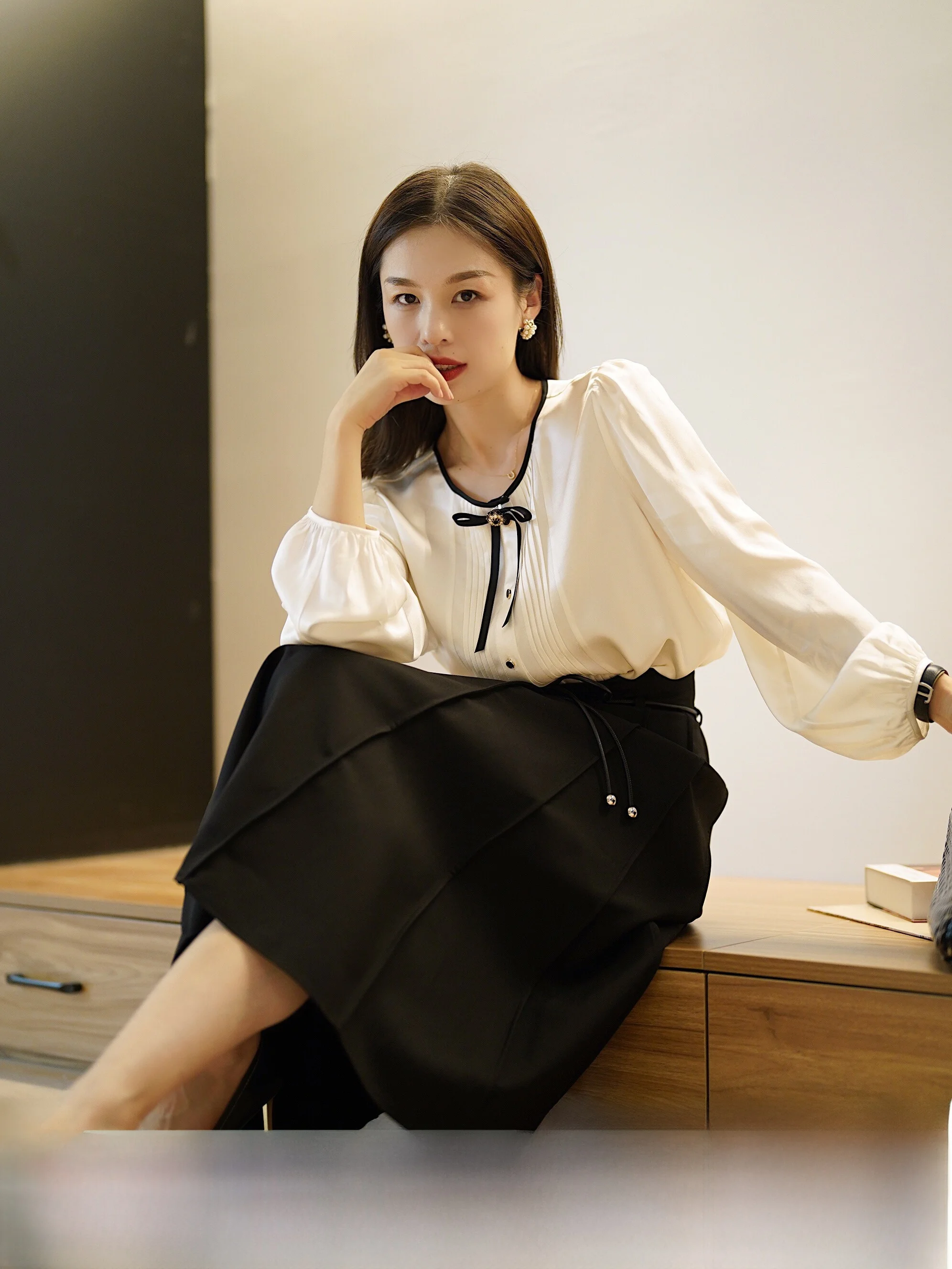 

Vivian Fraance Wind irt 92% Silk 9mm Elastic Satin Heavyweight Gathered irt Women's Commute Sle Long Sve