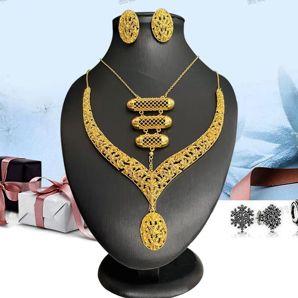 4 قطعة مجموعة مجوهرات النيجيرية مجوهرات الزفاف للنساء دبي 24K الذهب اللون مجوهرات الأفريقية مصمم أقراط قلادة الزفاف