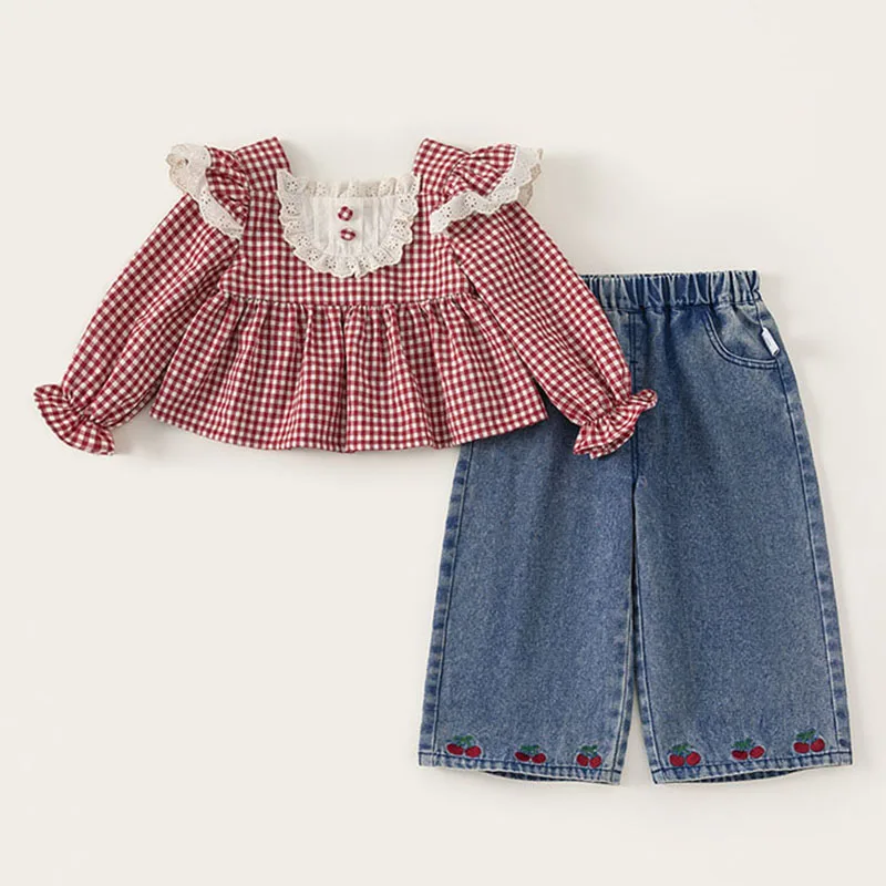 Spring Summer Children Clothes Girls Korean Fashion Plaid Cute Cherry Long Sleeve Baby Tops+Jeans Boutique Kids Clothing B119