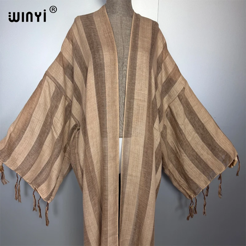 WINYI 着物風アフリカコートファッションカフタンビーチカバーアップフリンジストライプ透かしカーディガンビーチウェア女性用アバヤムスリム